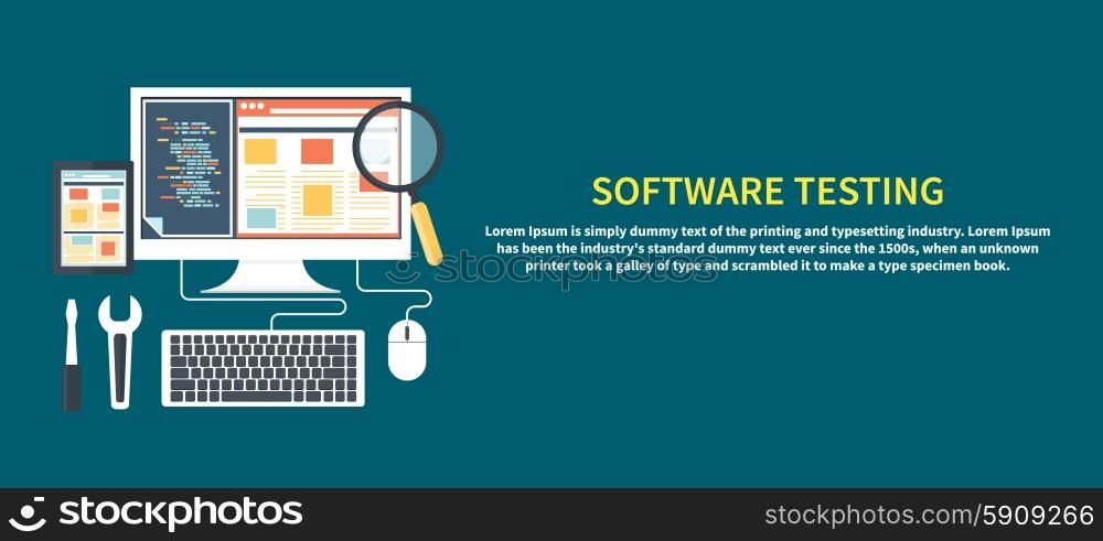 Software development workflow process coding testing analysis concept banner in flat design. Software testing concept