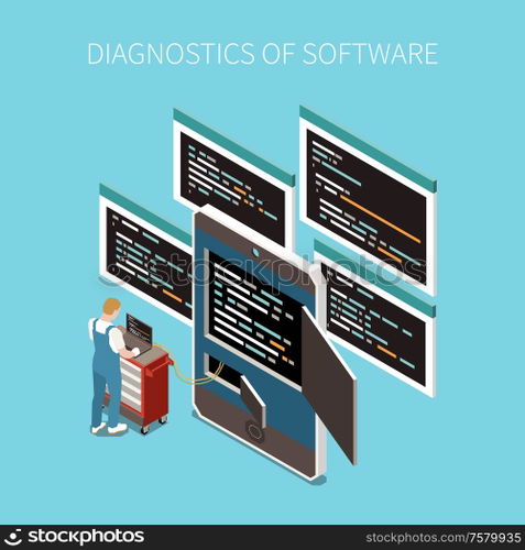 Software diagnostics concept with programming code symbols isometric vector illustration