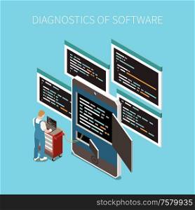 Software diagnostics concept with programming code symbols isometric vector illustration