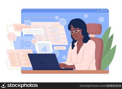 Software engineer at work 2D vector isolated illustration. Coding flat character on cartoon background. Remote work colourful editable scene for mobile, website, presentation. Comfortaa font used
. Software engineer at work 2D vector isolated illustration