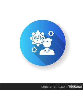 Software engineer blue flat design long shadow glyph icon. Programmer work on responsive algorithm. Computer specialist to work with information technology. Silhouette RGB color illustration. Software engineer blue flat design long shadow glyph icon