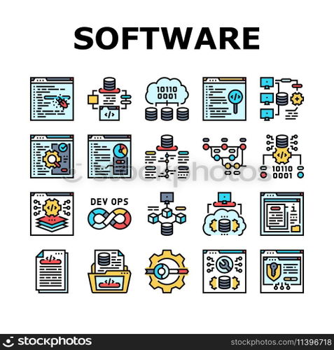 software engineer computer code icons set vector. technology business, developer office, programmer people, man, website internet software engineer computer code color line illustrations. software engineer computer code icons set vector