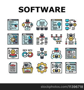 software engineer computer code icons set vector. technology business, developer office, programmer people, man, website internet software engineer computer code color line illustrations. software engineer computer code icons set vector