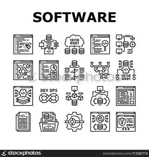software engineer computer code icons set vector. technology business, developer office, programmer people, man, website internet software engineer computer code black contour illustrations. software engineer computer code icons set vector