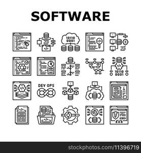 software engineer computer code icons set vector. technology business, developer office, programmer people, man, website internet software engineer computer code black contour illustrations. software engineer computer code icons set vector