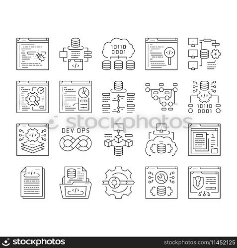 software engineer computer code icons set vector. technology business, developer office, programmer people, man, website internet software engineer computer code black contour illustrations. software engineer computer code icons set vector