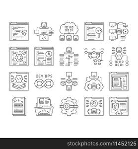 software engineer computer code icons set vector. technology business, developer office, programmer people, man, website internet software engineer computer code black contour illustrations. software engineer computer code icons set vector