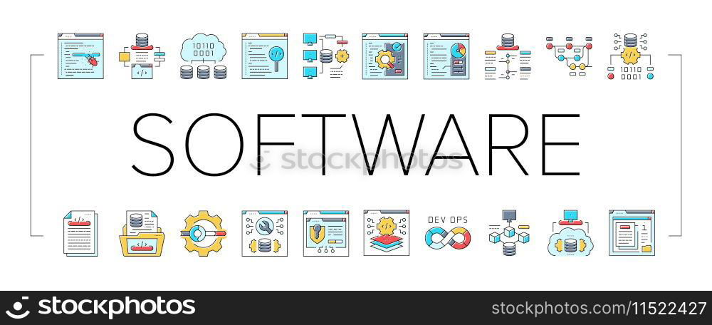 software engineer computer code icons set vector. technology business, developer office, programmer people, man, website internet software engineer computer code color line illustrations. software engineer computer code icons set vector