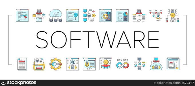software engineer computer code icons set vector. technology business, developer office, programmer people, man, website internet software engineer computer code color line illustrations. software engineer computer code icons set vector