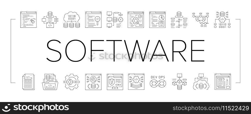 software engineer computer code icons set vector. technology business, developer office, programmer people, man, website internet software engineer computer code black line illustrations. software engineer computer code icons set vector