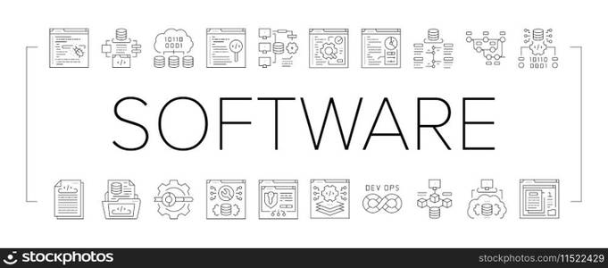 software engineer computer code icons set vector. technology business, developer office, programmer people, man, website internet software engineer computer code black line illustrations. software engineer computer code icons set vector