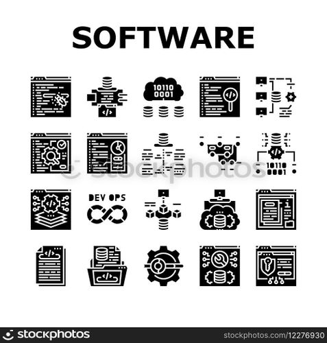 software engineer computer code icons set vector. technology business, developer office, programmer people, man, website internet software engineer computer code glyph pictogram Illustrations. software engineer computer code icons set vector