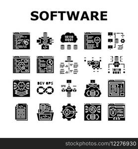 software engineer computer code icons set vector. technology business, developer office, programmer people, man, website internet software engineer computer code glyph pictogram Illustrations. software engineer computer code icons set vector