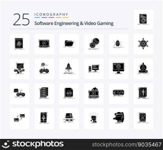 Software Engineering And Video Gaming 25 Solid Glyph icon pack including install. cd. software. folder. directory