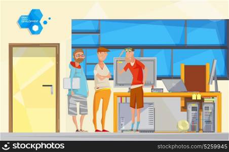 Software Engineering Office Composition. Cartoon composition with software development office interior and three programming engineer characters communicating with each other vector illustration