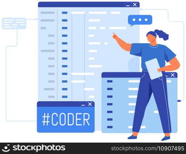Software engineers working with computer program creation. Web design and development, programming and coding website or app. Programmer, developer, HTML, PHP, JS, CSS, Java Script, languages. Software engineers working with computer program creation, programming, web design and coding