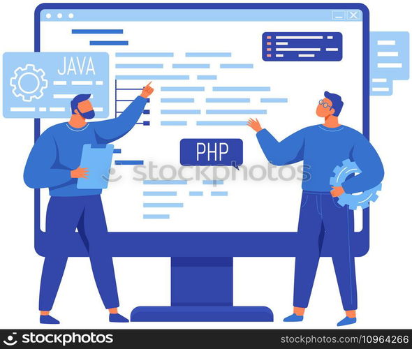Software engineers working with computer program creation. Web design and development, programming and coding website or app. Programmer, developer, HTML, PHP, JS, CSS, Java Script, languages. Software engineers working with computer program creation, programming, web design and coding