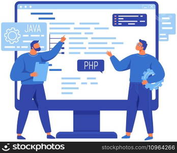 Software engineers working with computer program creation. Web design and development, programming and coding website or app. Programmer, developer, HTML, PHP, JS, CSS, Java Script, languages. Software engineers working with computer program creation, programming, web design and coding