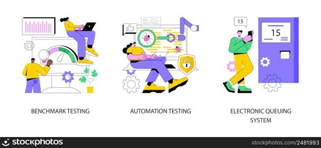 Software implementation abstract concept vector illustration set. Benchmark and automation testing, electronic queuing system, product performance, ticket generator, IT solution abstract metaphor.. Software implementation abstract concept vector illustrations.