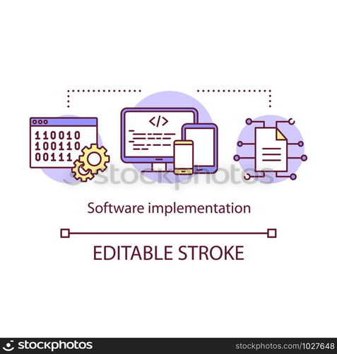 Software implementation concept icon. Computer programming and deployment. Creating apps for smartphones and tablets idea thin line illustration. Vector isolated outline drawing. Editable stroke