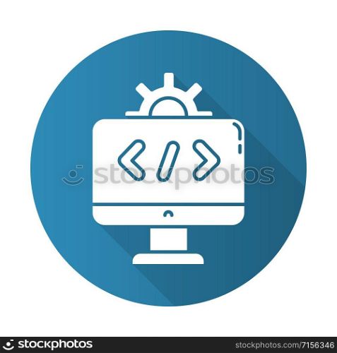 Software industry blue flat design long shadow glyph icon. Information technology sector. Installation and configuration of applications. Information technology. Vector silhouette illustration