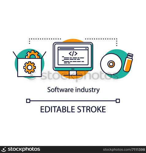 Software industry concept icon. PC program developing. Information technology. Case with settings, monitor, memory devices idea thin line illustration. Vector isolated outline drawing. Editable stroke