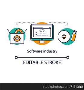 Software industry concept icon. PC program developing. Information technology. Case with settings, monitor, memory devices idea thin line illustration. Vector isolated outline drawing. Editable stroke