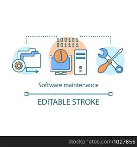 Software maintenance concept icon. Fixing program defects, correct faults. Computer repair, operating system installation idea thin line illustration. Vector isolated outline drawing. Editable stroke