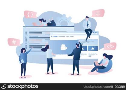 Software or app development- front-end and back-end,programmers and business people with smart gadgets,speech bubbles with signs,teamwork concept,trendy style vector illustration