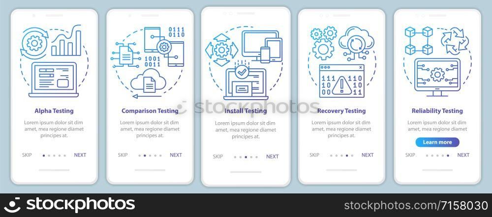 Software performance testing onboarding mobile app page screen vector template. Program quality control. Walkthrough website steps with linear illustrations. UX, UI, GUI smartphone interface concept