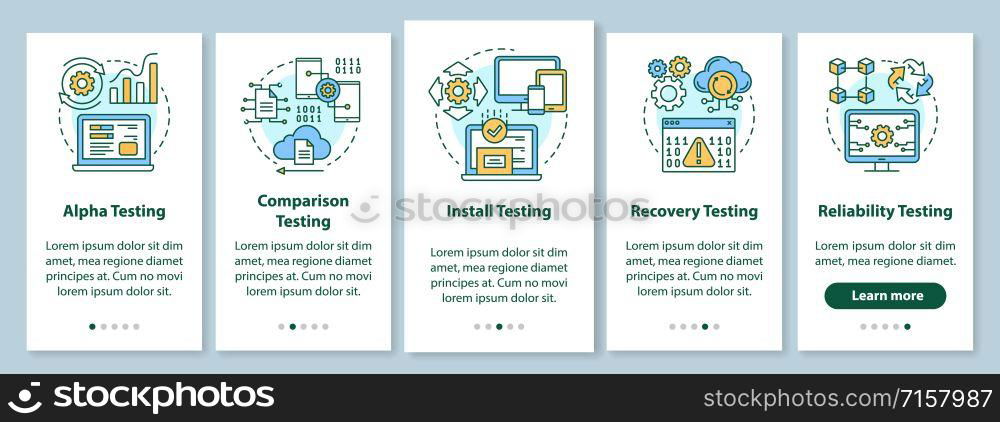 Software performance testing onboarding mobile app page screen with linear concepts. Program quality control walkthrough steps graphic instructions. UX, UI, GUI vector template with illustrations