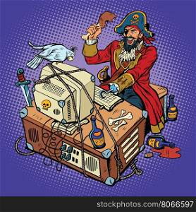 Software piracy, the hacker captain, pop art retro vector illustration. The man in the coat, with a parrot, working at a computer