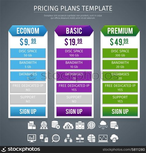 Software Pricing Plans Template . Software econom basic and premium pricing plans template on grey background flat vector illustration