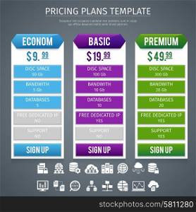 Software Pricing Plans Template . Software econom basic and premium pricing plans template on grey background flat vector illustration