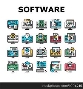 Software Program Development Icons Set Vector. Freeware Download And Upload For Sharing, Programming Code And Script, Hacked And License Software Line. Firmware Color Illustrations. Software Program Development Icons Set Vector