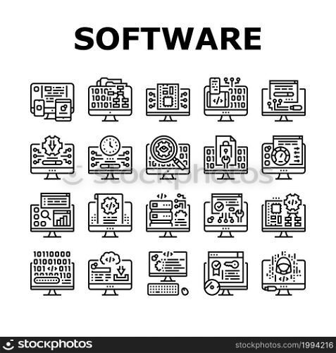 Software Program Development Icons Set Vector. Freeware Download And Upload For Sharing, Programming Code And Script, Hacked And License Software Black Contour Illustrations. Software Program Development Icons Set Vector