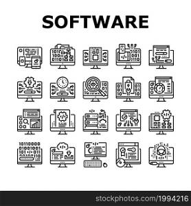 Software Program Development Icons Set Vector. Freeware Download And Upload For Sharing, Programming Code And Script, Hacked And License Software Black Contour Illustrations. Software Program Development Icons Set Vector