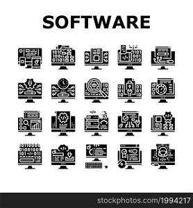 Software Program Development Icons Set Vector. Freeware Download And Upload For Sharing, Programming Code And Script, Hacked And License Software Glyph Pictograms Black Illustrations. Software Program Development Icons Set Vector