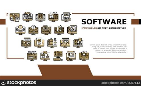 Software Program Development Landing Web Page Header Banner Template Vector. Freeware Download And Upload For Sharing, Programming Code And Script, Hacked And License Software Illustration. Software Program Development Landing Header Vector