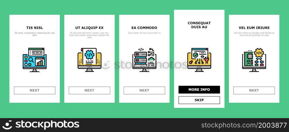Software Program Development Onboarding Mobile App Page Screen Vector. Freeware Download And Upload For Sharing, Programming Code And Script, Hacked And License Software. Firmware Illustrations. Software Program Development Onboarding Icons Set Vector
