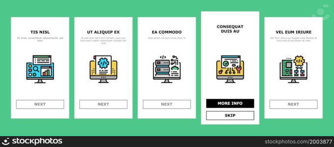 Software Program Development Onboarding Mobile App Page Screen Vector. Freeware Download And Upload For Sharing, Programming Code And Script, Hacked And License Software. Firmware Illustrations. Software Program Development Onboarding Icons Set Vector