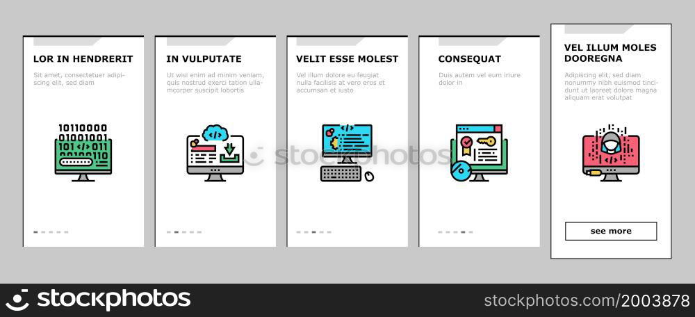 Software Program Development Onboarding Mobile App Page Screen Vector. Freeware Download And Upload For Sharing, Programming Code And Script, Hacked And License Software. Firmware Illustrations. Software Program Development Onboarding Icons Set Vector