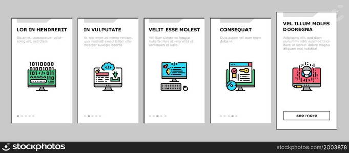 Software Program Development Onboarding Mobile App Page Screen Vector. Freeware Download And Upload For Sharing, Programming Code And Script, Hacked And License Software. Firmware Illustrations. Software Program Development Onboarding Icons Set Vector
