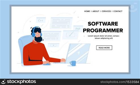 Software Programmer Working On Computer Vector. Programmer Coder Wearing Earphones Coding Program On Laptop Testing And Debugging. Workplace Of IT Worker Character Web Flat Cartoon Illustration. Software Programmer Working On Computer Vector