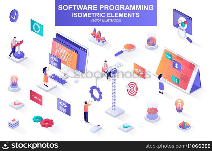 Software programming bundle of isometric elements. Program languages, developer, software engineering, back end development isolated icons. Isometric vector illustration kit with people characters.. Software programming bundle of isometric elements.