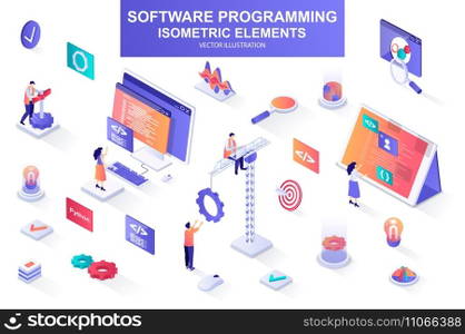 Software programming bundle of isometric elements. Program languages, developer, software engineering, back end development isolated icons. Isometric vector illustration kit with people characters.. Software programming bundle of isometric elements.