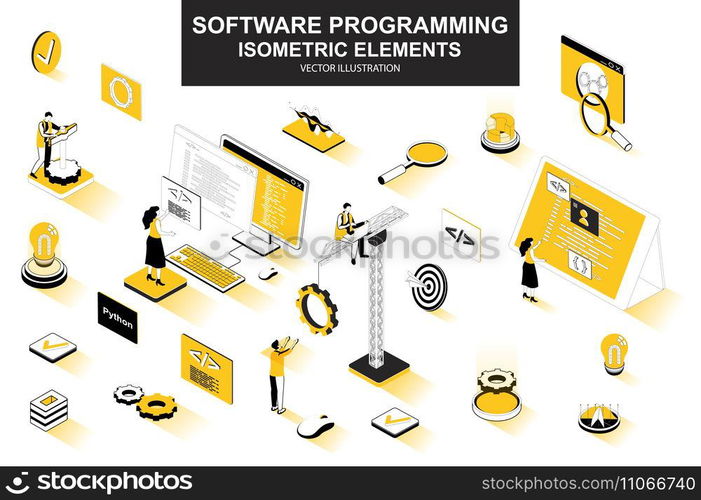 Software programming bundle of isometric elements. Program languages, developer, software engineering, back end development isolated icons. Isometric vector illustration kit with people characters.