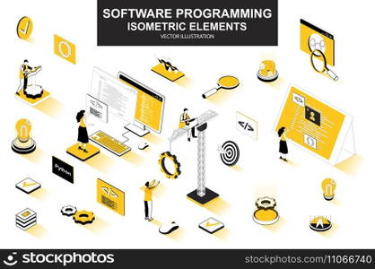 Software programming bundle of isometric elements. Program languages, developer, software engineering, back end development isolated icons. Isometric vector illustration kit with people characters.