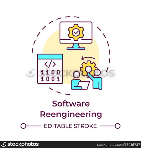 Software reverse engineering multi color concept icon. Code analysis. System restructuring, improvement. Round shape line illustration. Abstract idea. Graphic design. Easy to use in article. Software reverse engineering multi color concept icon