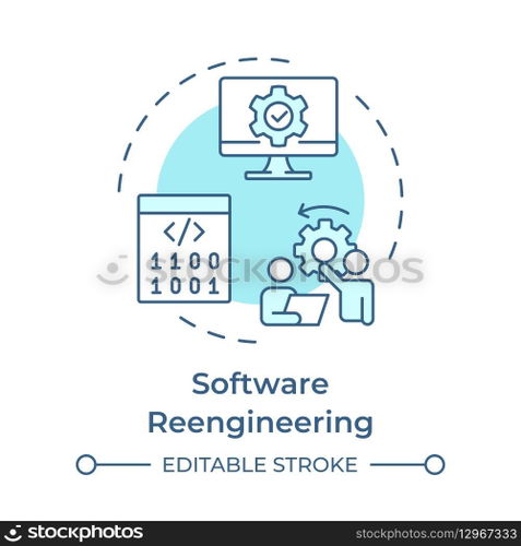 Software reverse engineering soft blue concept icon. Code analysis. System restructuring, improvement. Round shape line illustration. Abstract idea. Graphic design. Easy to use in article. Software reverse engineering soft blue concept icon